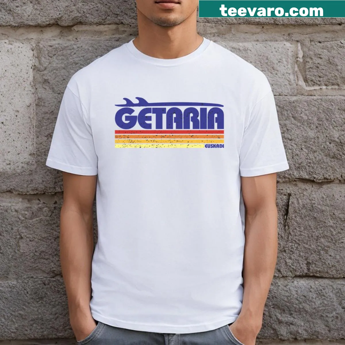 Retro surf-themed t-shirt inspired by the Basque Country — on a men's t-shirt
