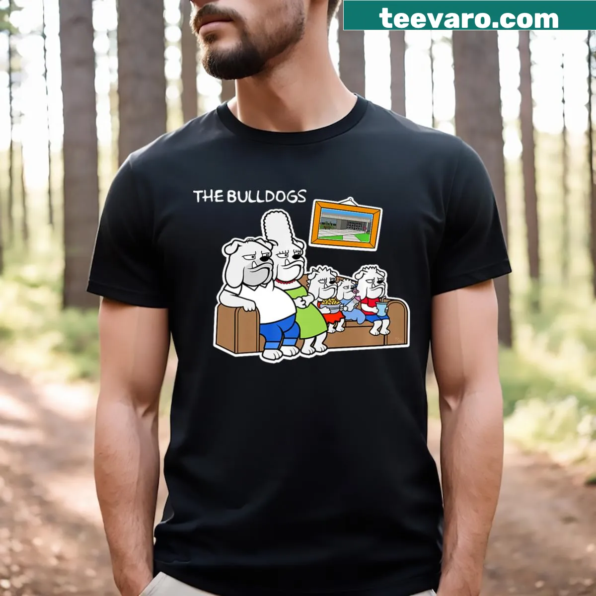 Cartoon bulldogs graphic celebrating dog lovers — on a men's t-shirt