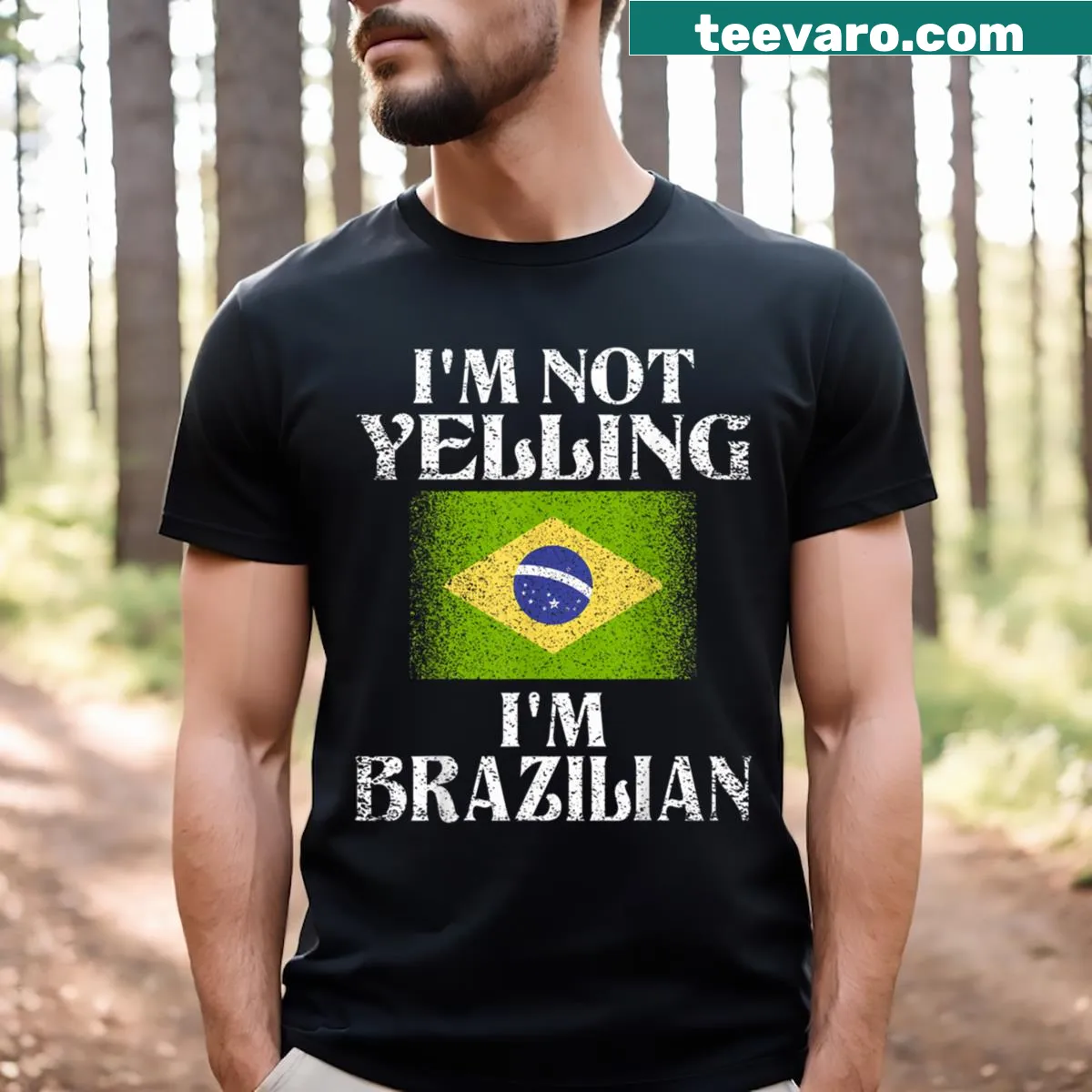 Funny Brazilian pride graphic T-shirt with humorous saying — on a men's t-shirt