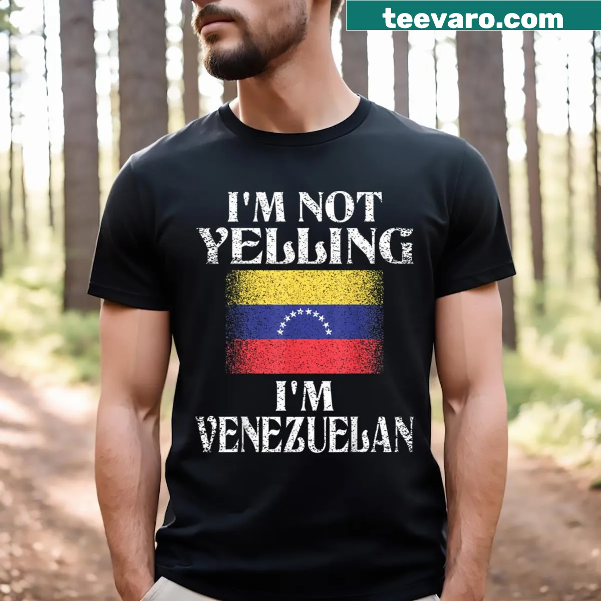 Funny Venezuelan pride t-shirt with bold text — on a men's t-shirt