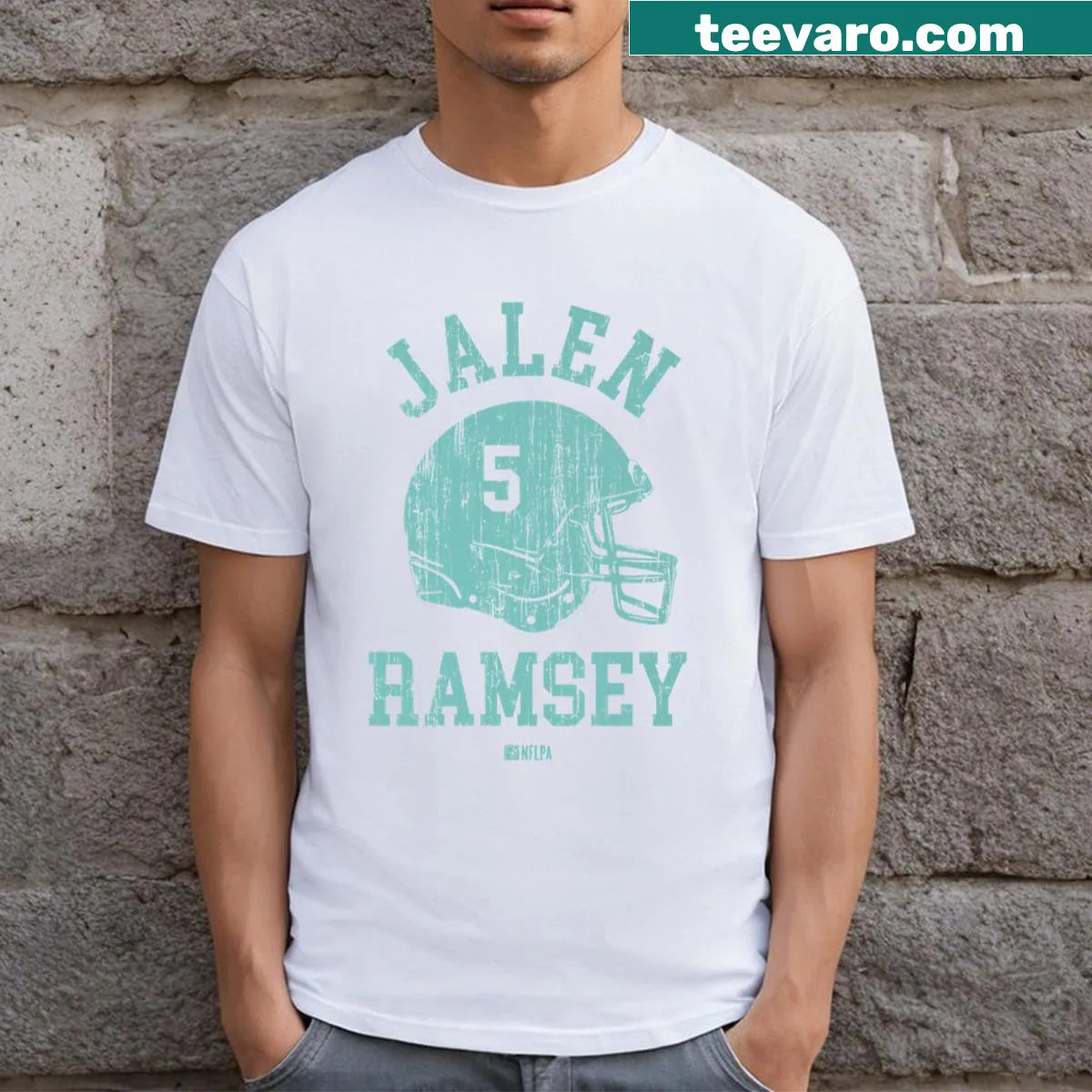 Graphic tee featuring 'Jalen Ramsey' in helmet font style — on a men's t-shirt