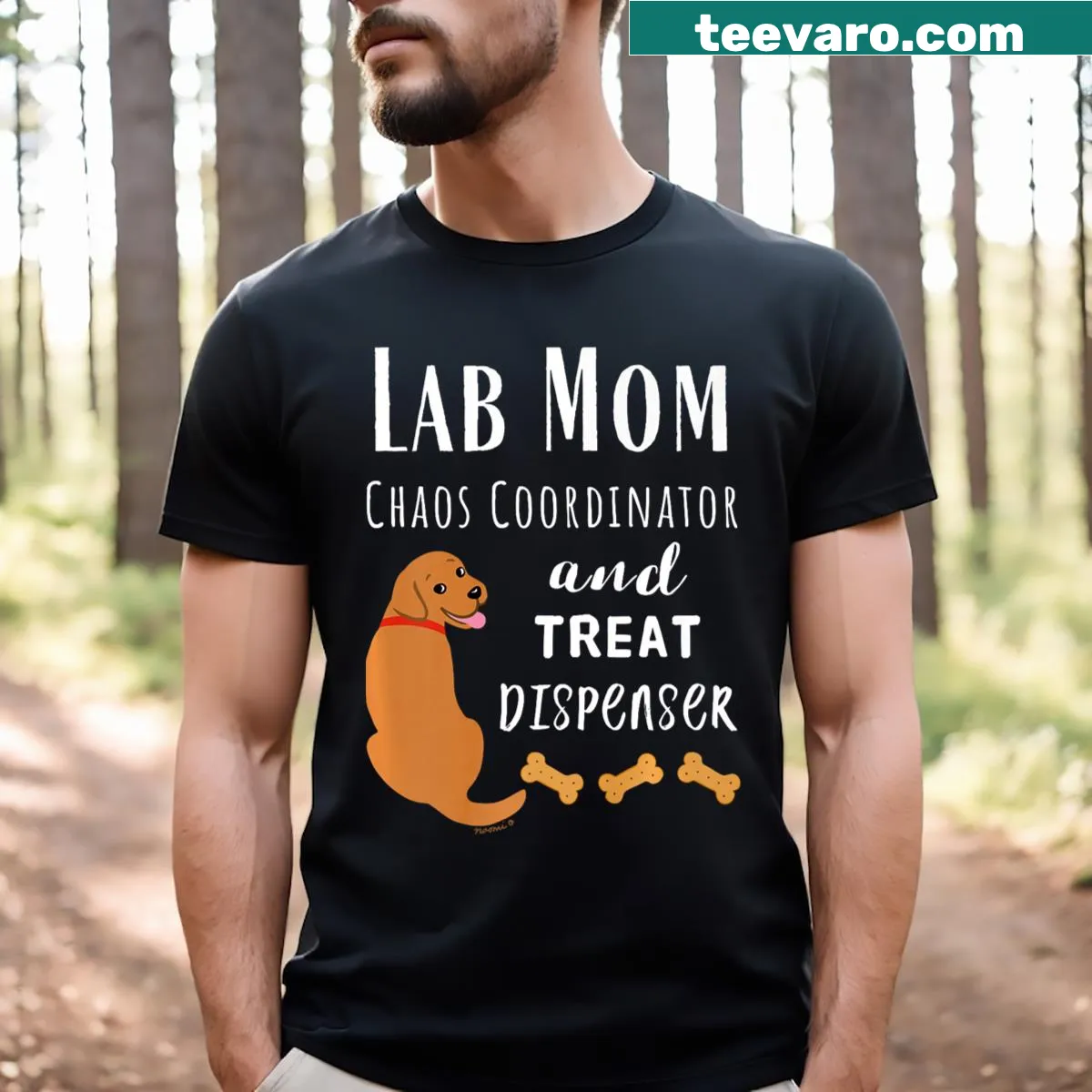 Funny dog mom t-shirt with a cartoon red Labrador and cute fox design — on a men's t-shirt