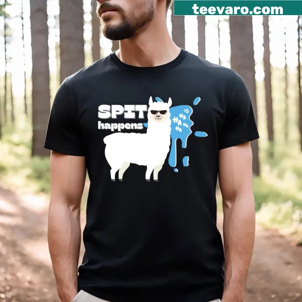 Funny Llama Says Spit Happens t-shirt with humorous text