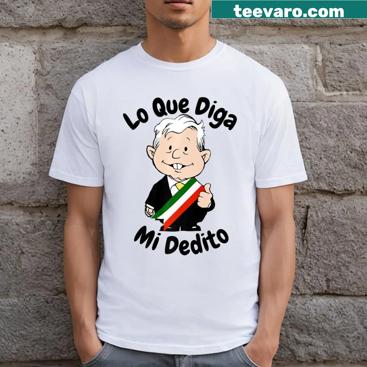 Funny cartoon political shirt featuring Amlo Amlito design — on a men's t-shirt