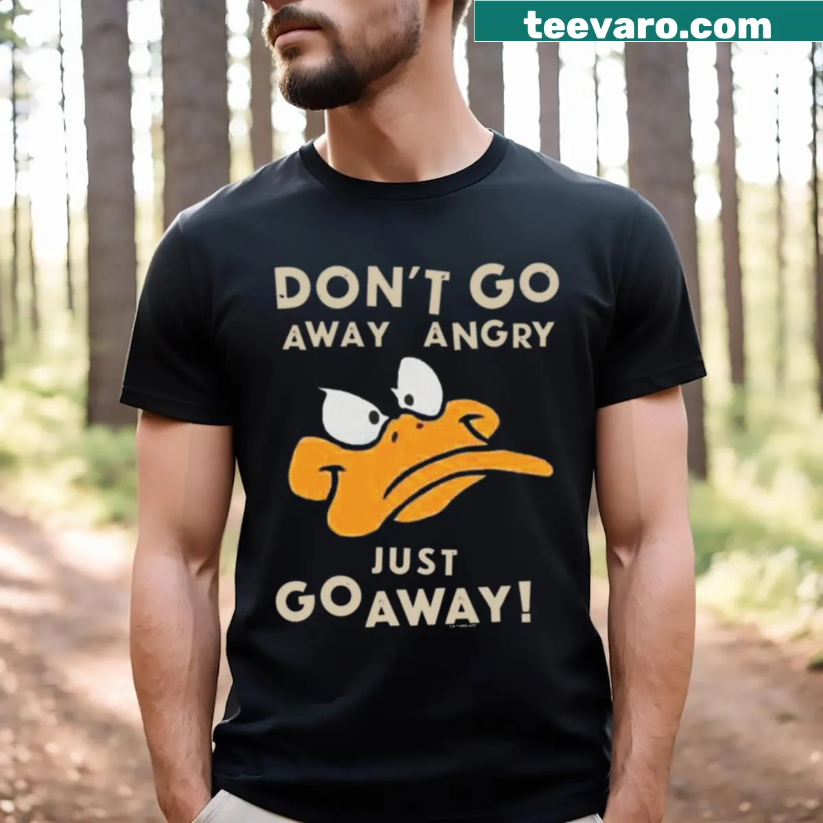 Daffy Duck graphic with the phrase 'Just Go Away' — on a men's t-shirt