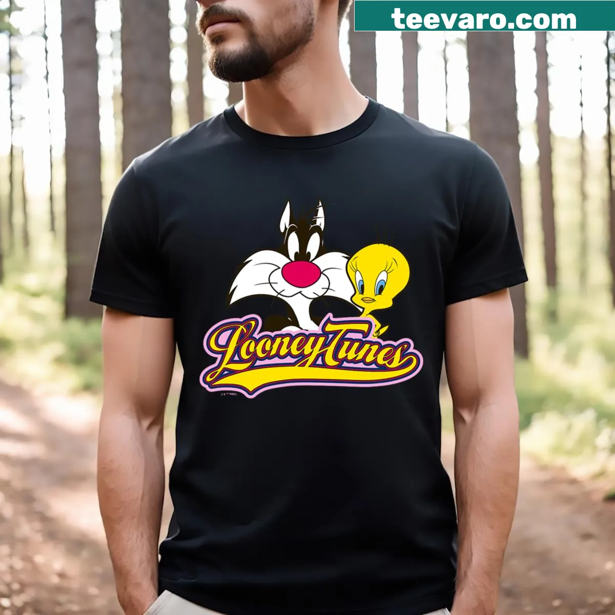 T-shirt featuring smiling faces of Sylvester and Tweety Bird — on a men's t-shirt