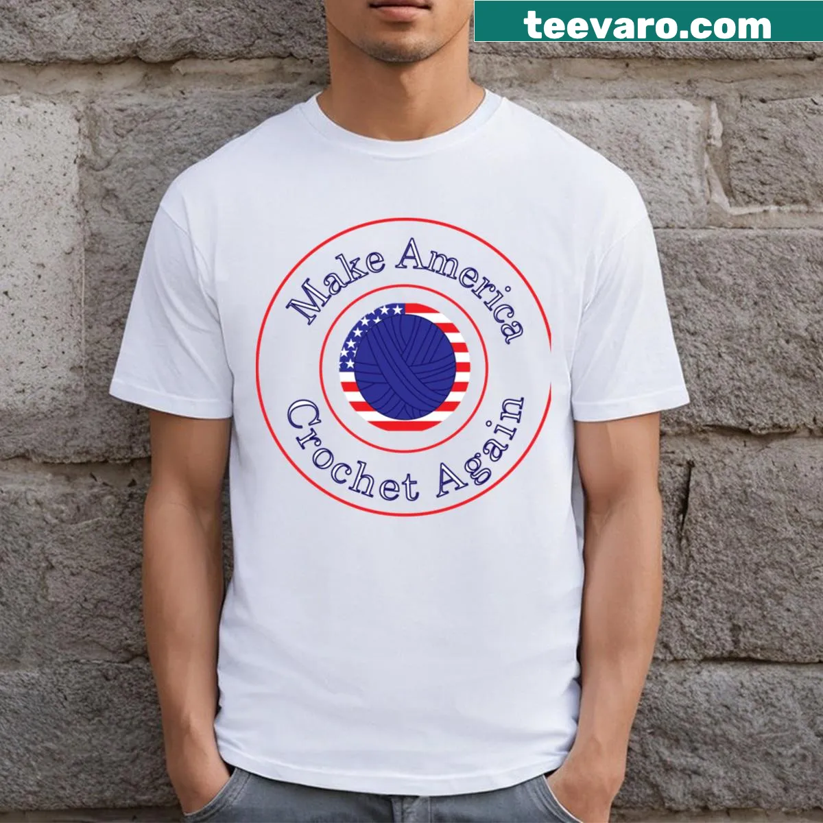 Funny yarn graphic with 'Make America Crochet Again' phrase — on a men's t-shirt