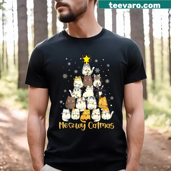 Funny Meowy Catmas t-shirt for kids with a cartoon cat Christmas tree
