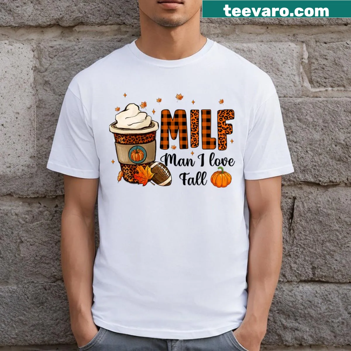 Thanksgiving-themed T-shirt with a playful fall graphic — on a men's t-shirt