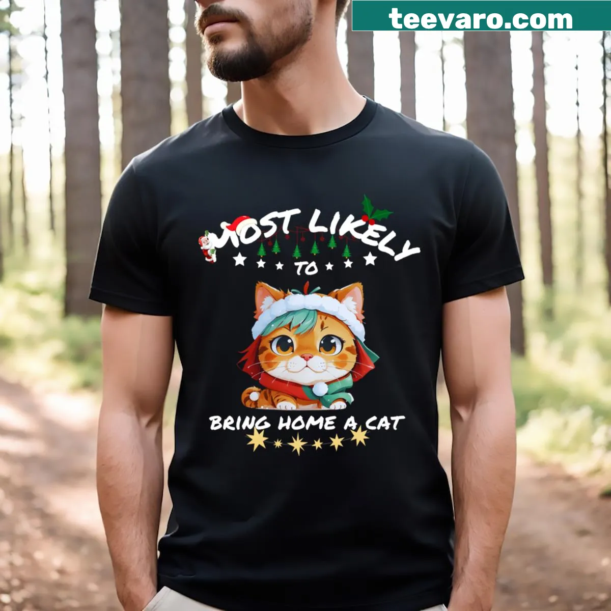 Funny Christmas T-shirt with text saying 'Most Likely To Bring Home A Cat' — on a men's t-shirt