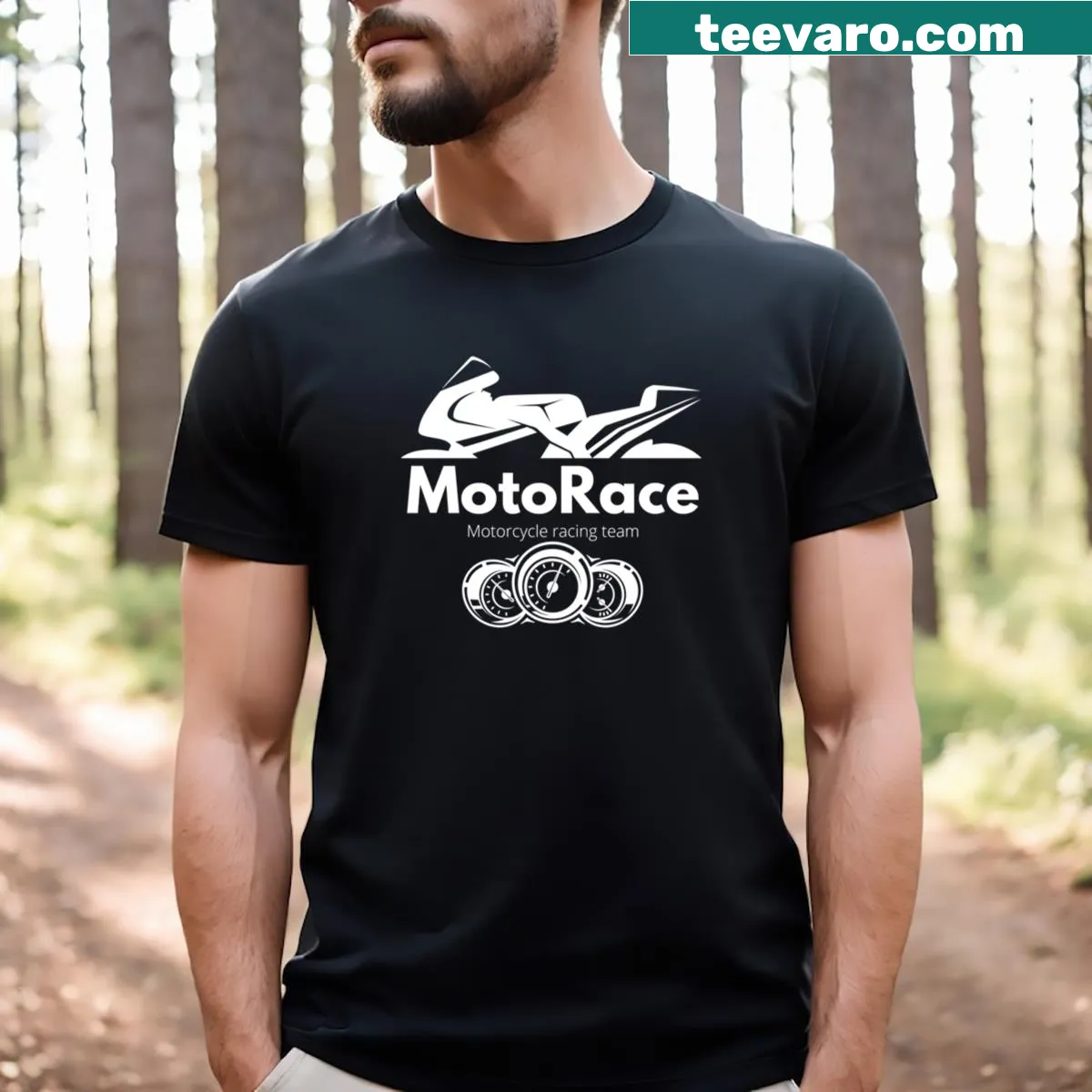 Motorcycle racing T-shirt with a bold 'Motorace' emblem — on a men's t-shirt