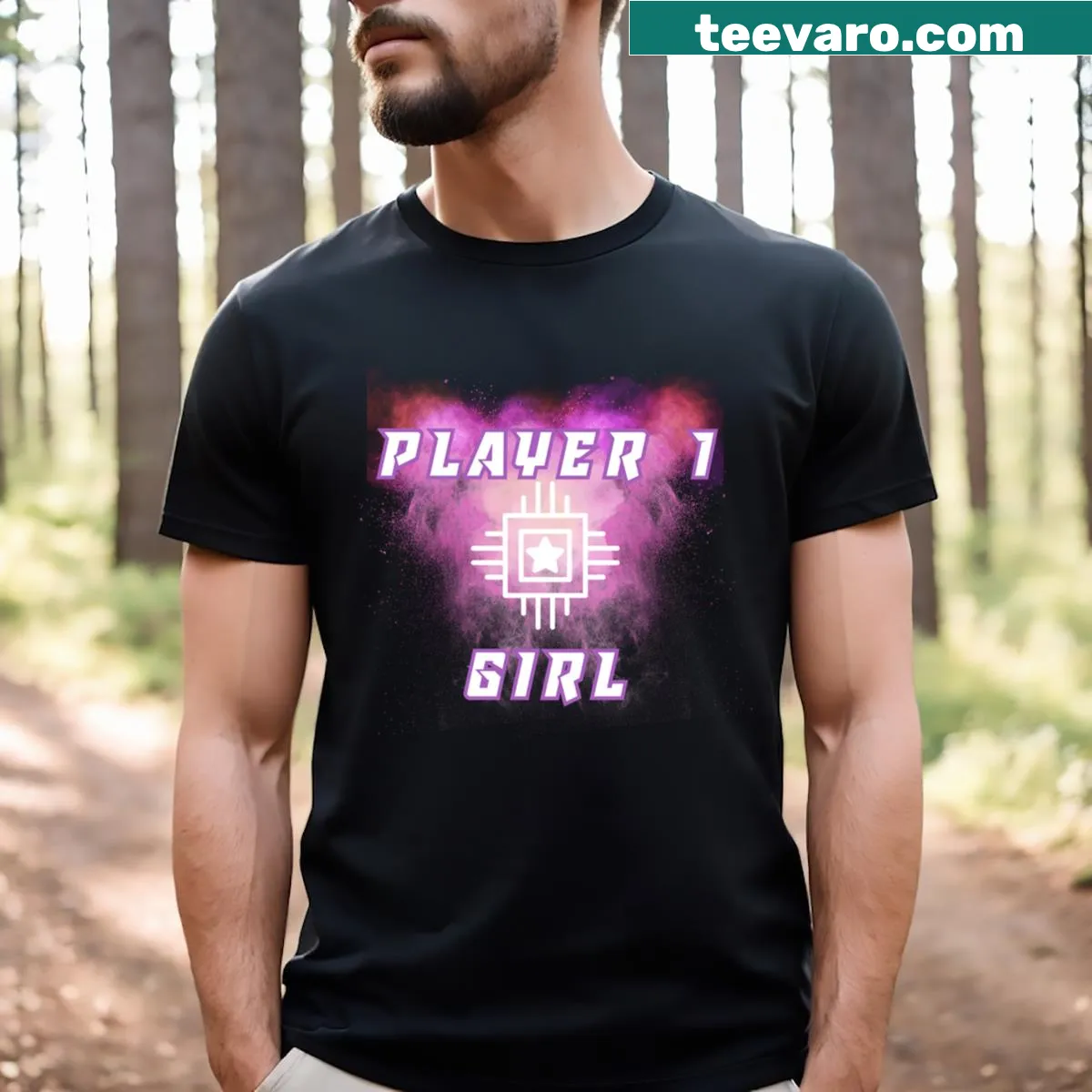 Cute gamer t-shirt featuring Player1 Girl design — on a men's t-shirt