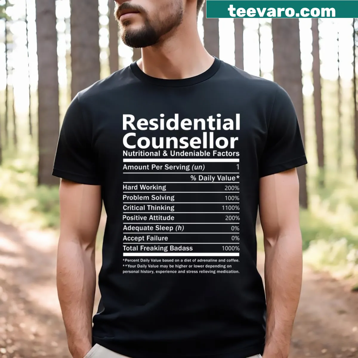Nutritional factors typography t-shirt for residential counselors — on a men's t-shirt
