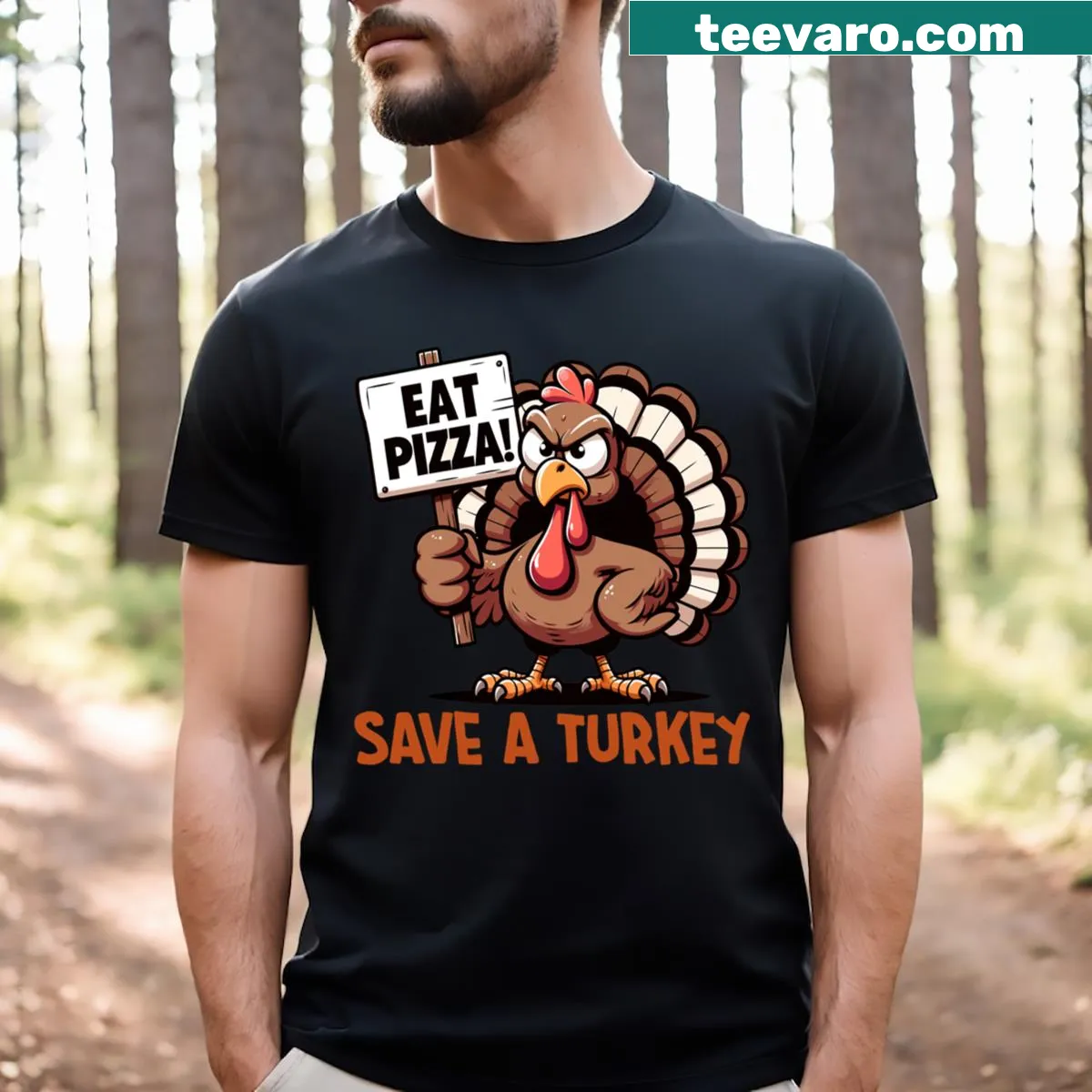 Funny Thanksgiving saying 'Save A Turkey Eat Pizza' on a t-shirt — on a men's t-shirt