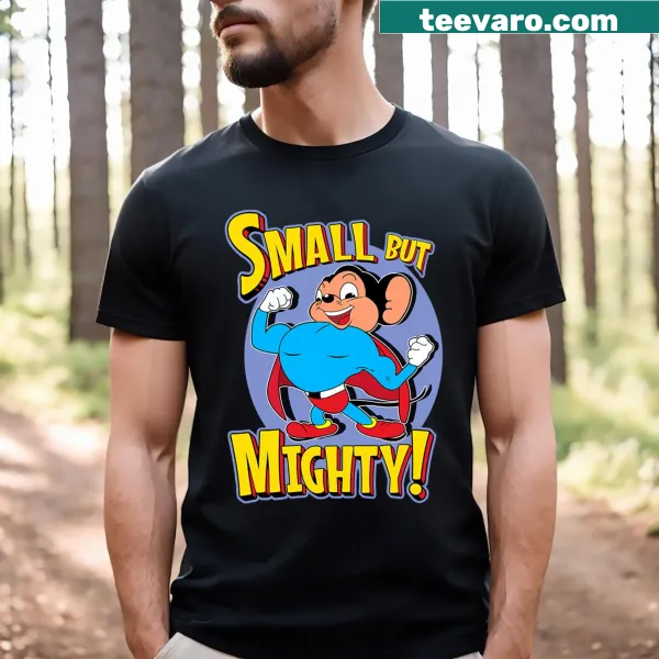 Cartoon superhero mouse in cape t-shirt for kids.