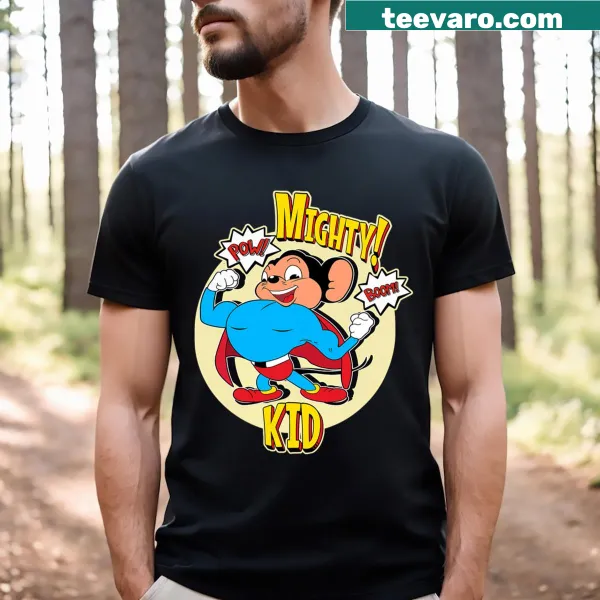 Children's T-shirt featuring comic-style superhero mouse graphics