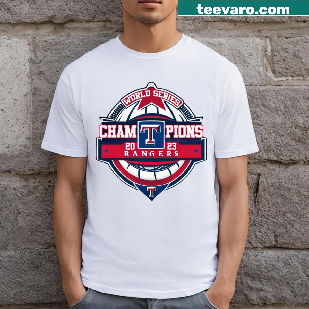 Commemorative Texas Rangers World Series Champions T-shirt — on a men's t-shirt