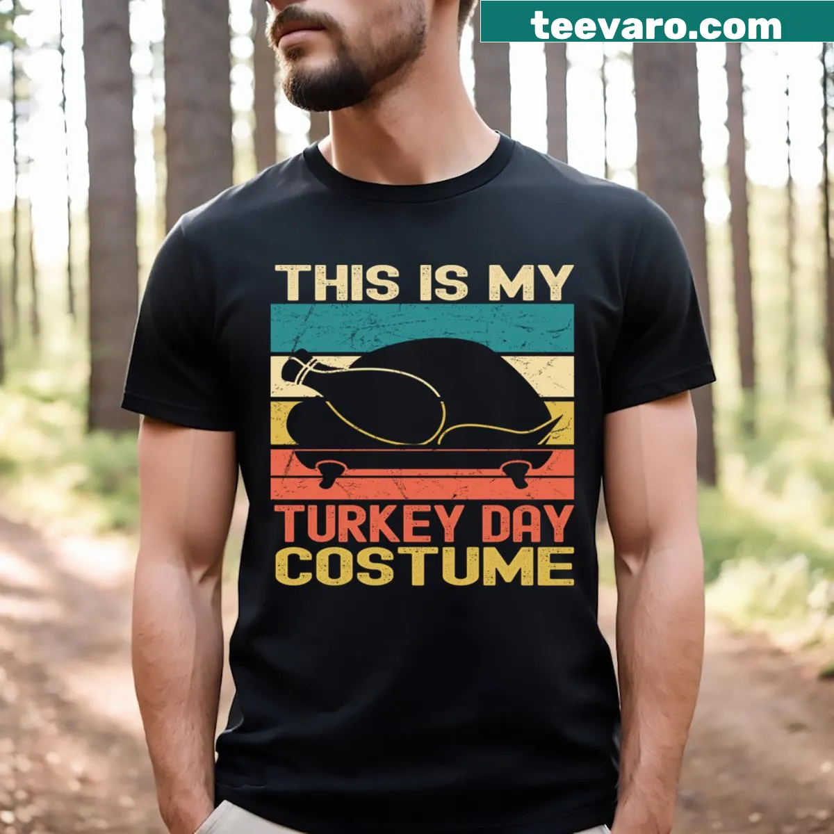 Funny retro Thanksgiving shirt with humorous turkey day costume text — on a men's t-shirt