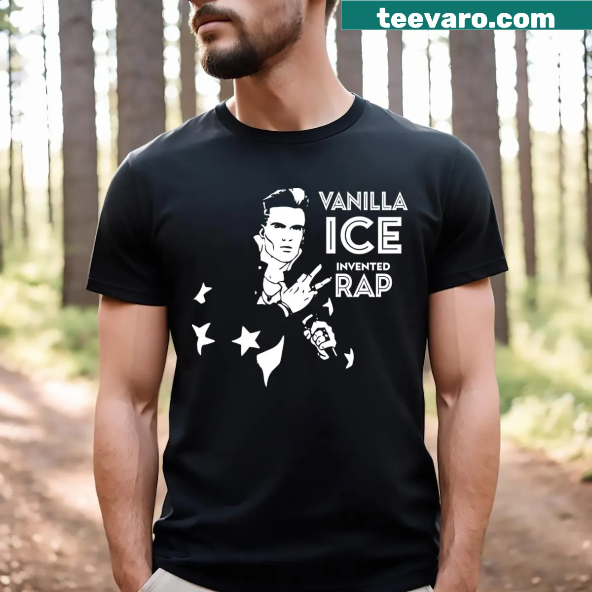 Retro Vanilla Ice t-shirt celebrating the pioneering of rap with unique typography. — on a men's t-shirt