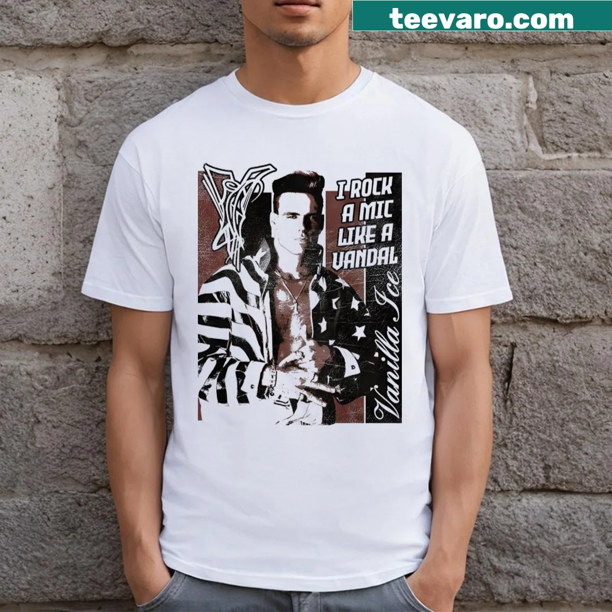 T-shirt with 'Rock A Mic' text honoring Vanilla Ice — on a men's t-shirt
