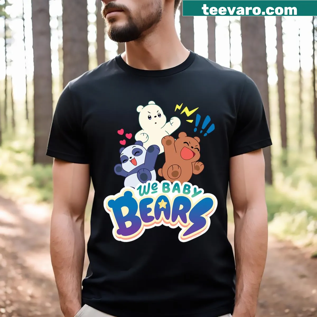 T-shirt featuring the logo of We Baby Bears with a cartoon trio of bears — on a men's t-shirt