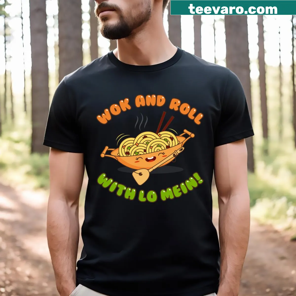T-shirt with playful illustration of lo mein noodles and chopsticks — on a men's t-shirt