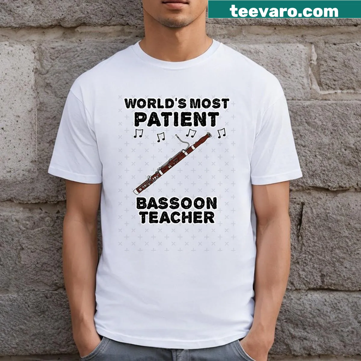 Funny t-shirt for bassoon teachers with playful graphics — on a men's t-shirt