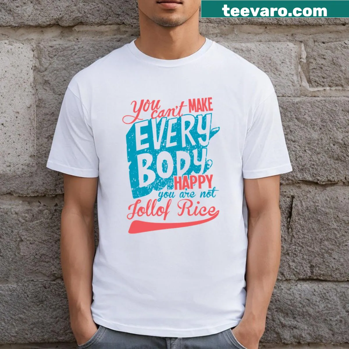 Funny T-shirt with jollof rice saying — on a men's t-shirt