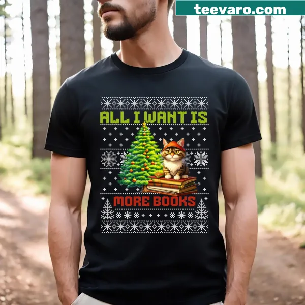 Typography design about books and cats on an ugly Christmas t-shirt