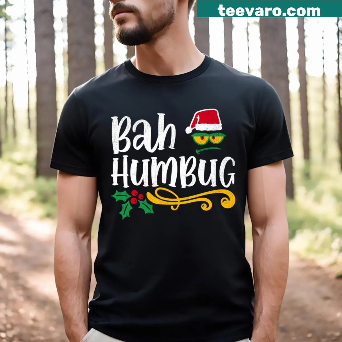 Casual T-shirt featuring the phrase 'Bah Humbug.' — on a men's t-shirt