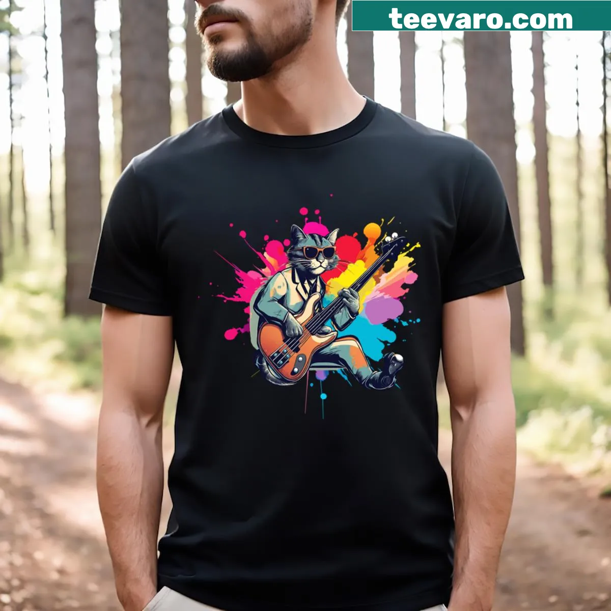 Playful T-shirt featuring a cool cat illustration for bass players — on a men's t-shirt
