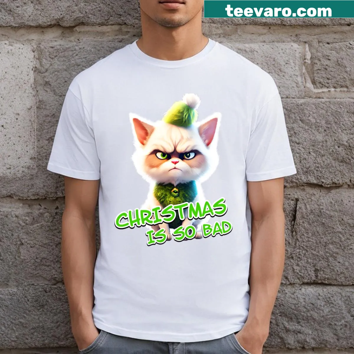 Humorous T-shirt featuring a Grinch cat with the phrase 'Christmas Is So Bad' — on a men's t-shirt