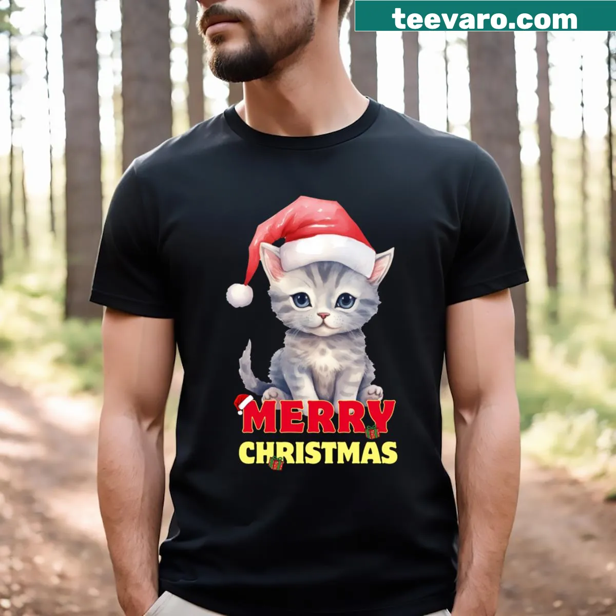 Cat wearing a Santa hat for Christmas on a T-shirt — on a men's t-shirt