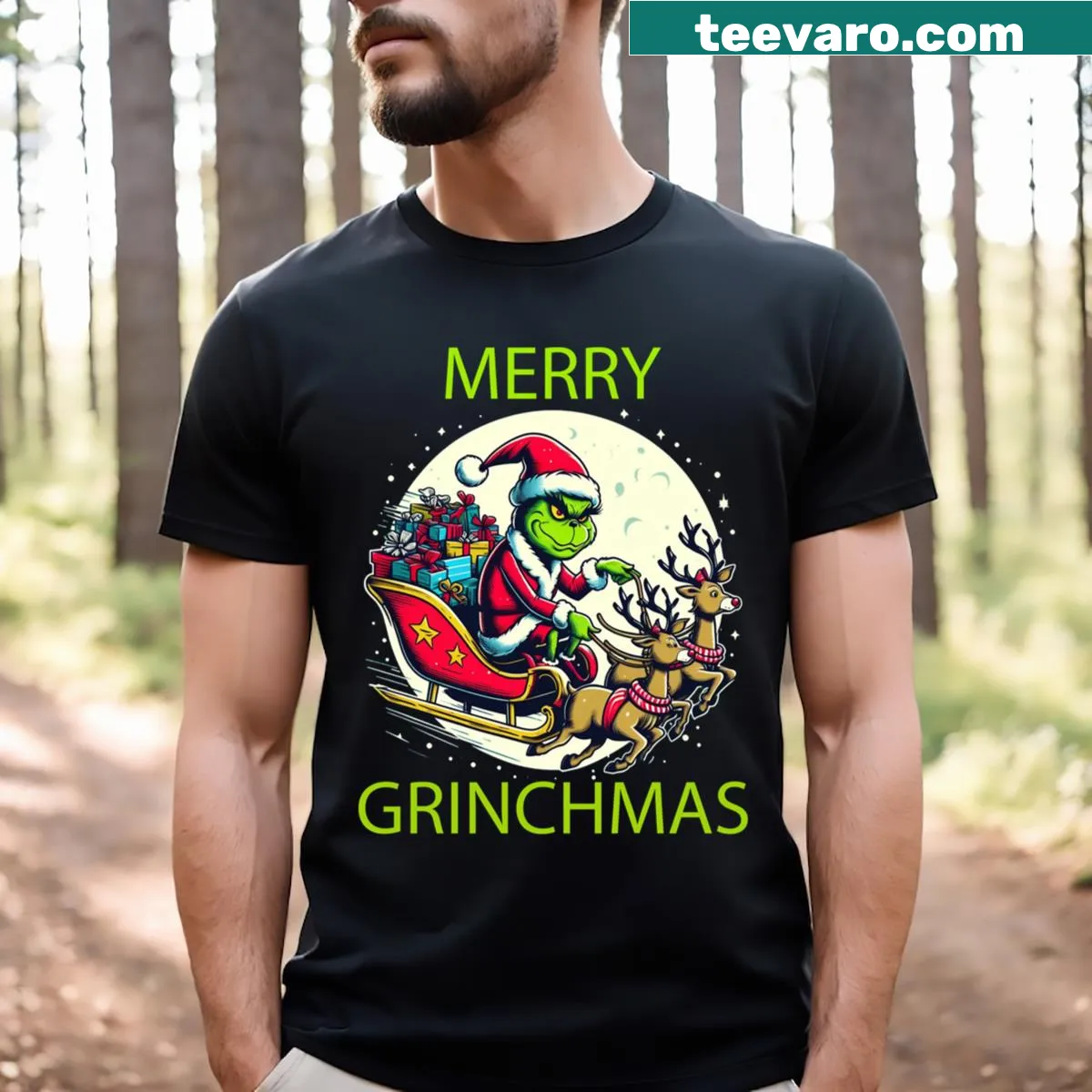 Text-based design featuring the Grinch on a T-shirt — on a men's t-shirt