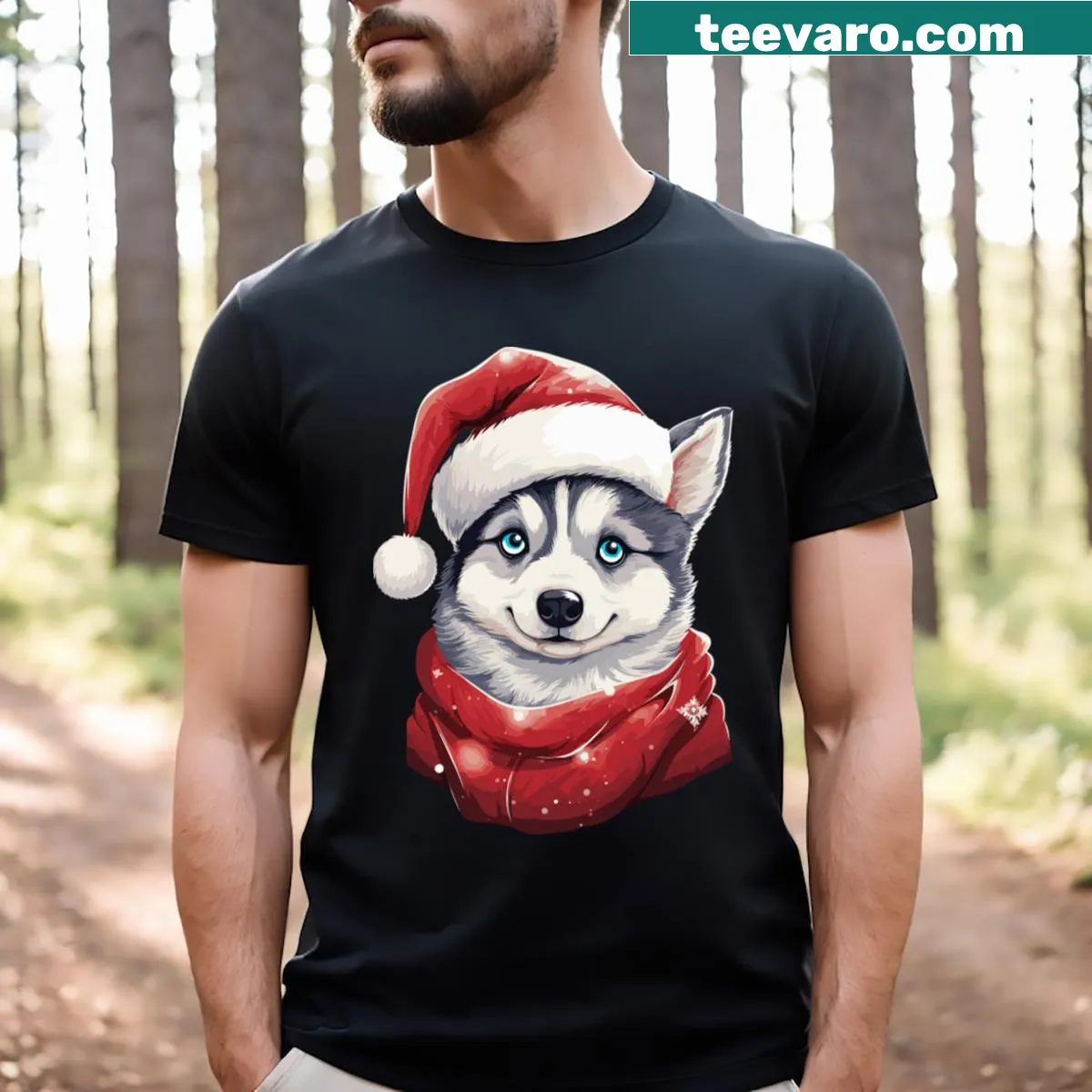 Adorable husky illustration on a Christmas T-shirt — on a men's t-shirt