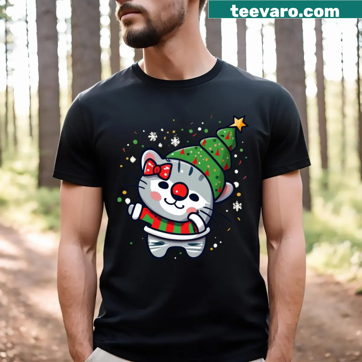 Whimsical cat-themed holiday design on a Christmas T-shirt — on a men's t-shirt