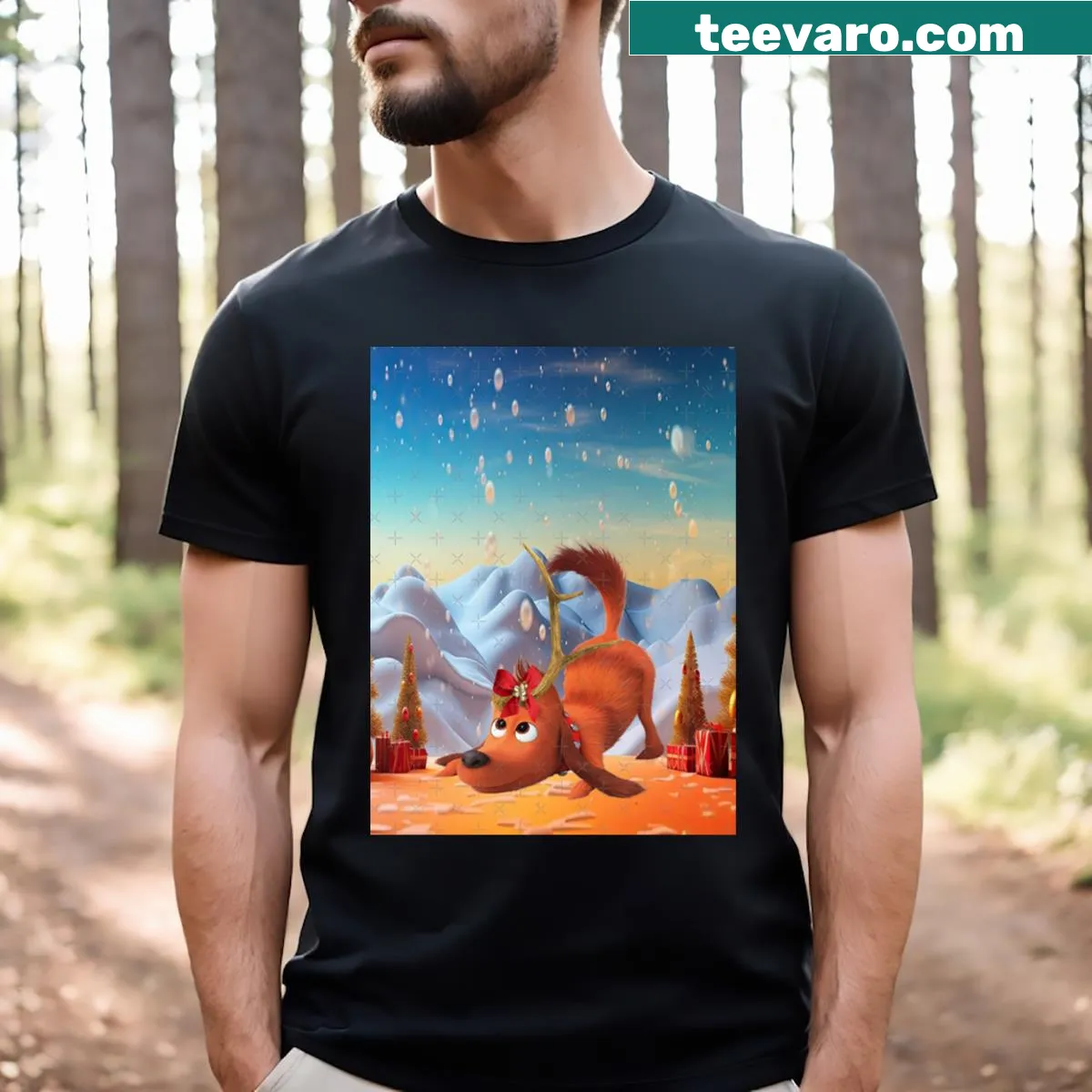 Max from the Grinch in a dreamlike Christmas landscape illustration — on a men's t-shirt