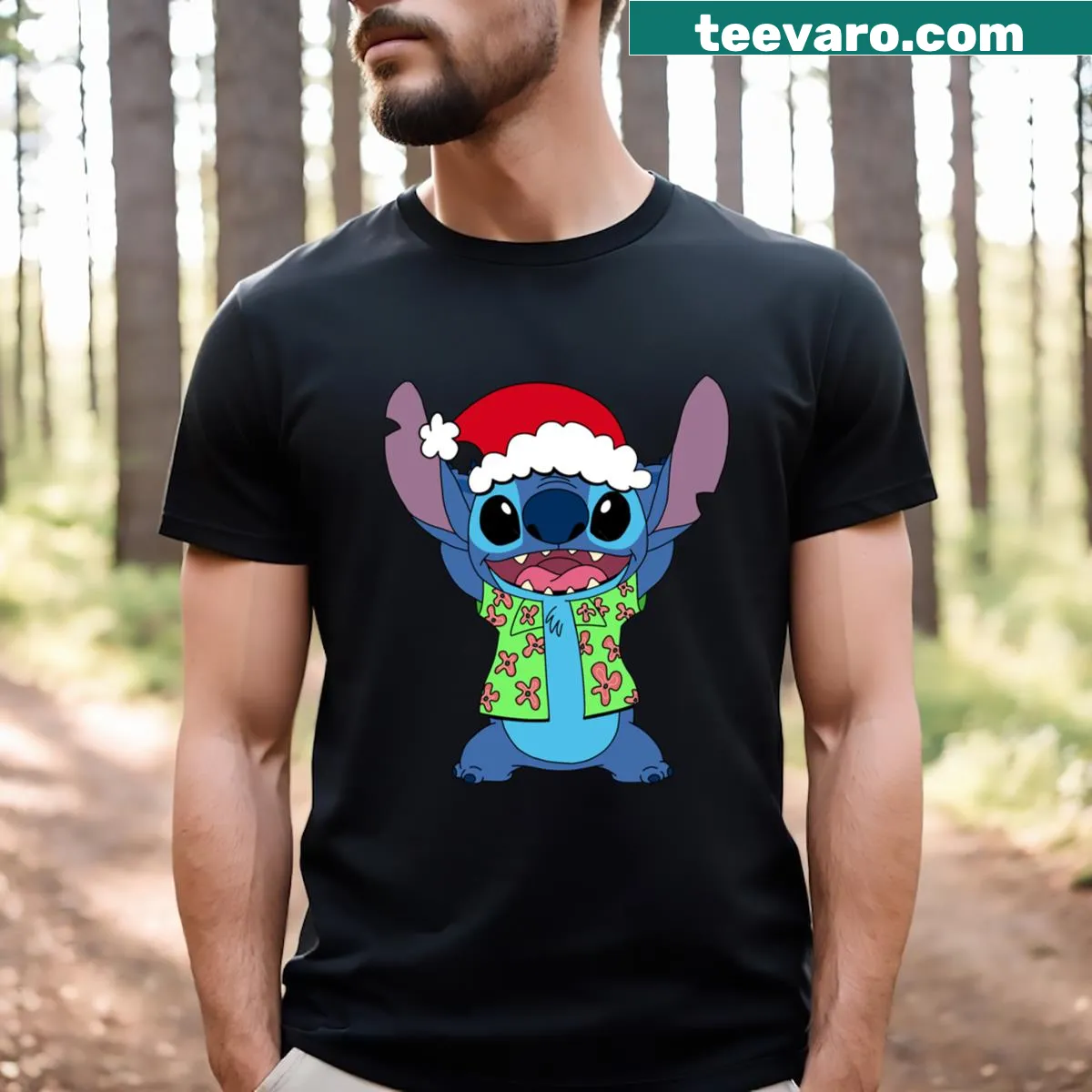Christmas t-shirt featuring Stitch in festive attire — on a men's t-shirt