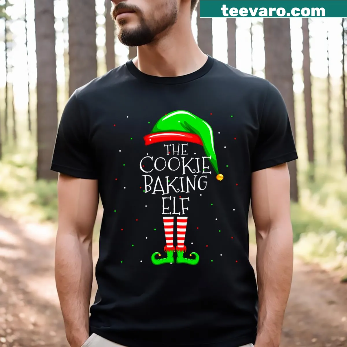 Family matching Christmas T-shirt with baking elves design — on a men's t-shirt