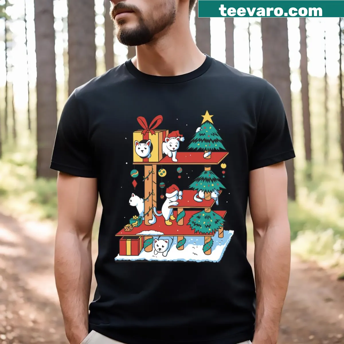 Adorable Christmas cat in a cozy house illustration — on a men's t-shirt