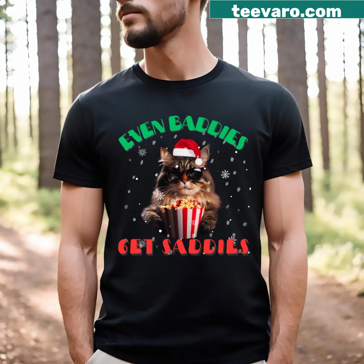 Cute Christmas cat T-shirt with a festive design — on a men's t-shirt