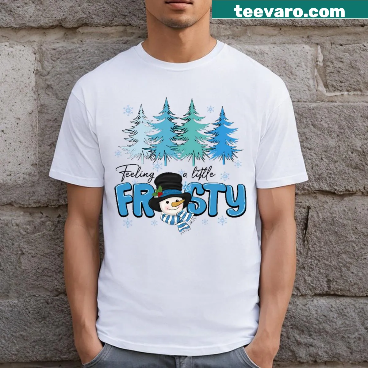 Typographic T-shirt with the phrase 'Feeling A Little Frosty' — on a men's t-shirt
