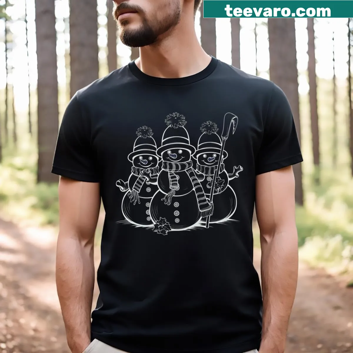 Cartoon T-shirt featuring Frosty the Snowman in a winter scene — on a men's t-shirt