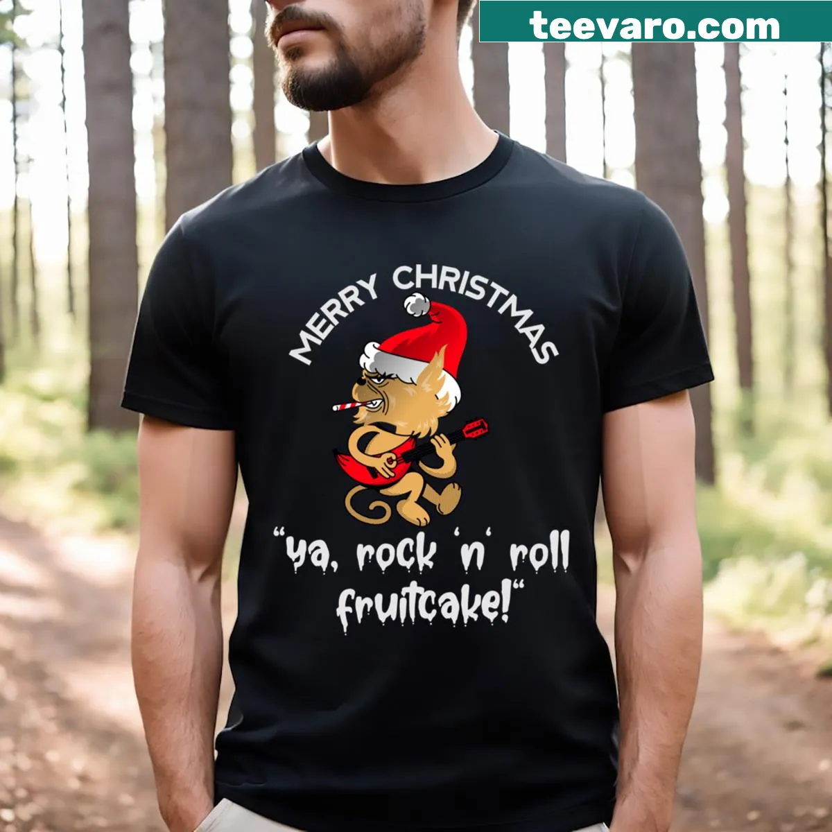 Funny Grinch playing guitar graphic for Christmas celebrations — on a men's t-shirt