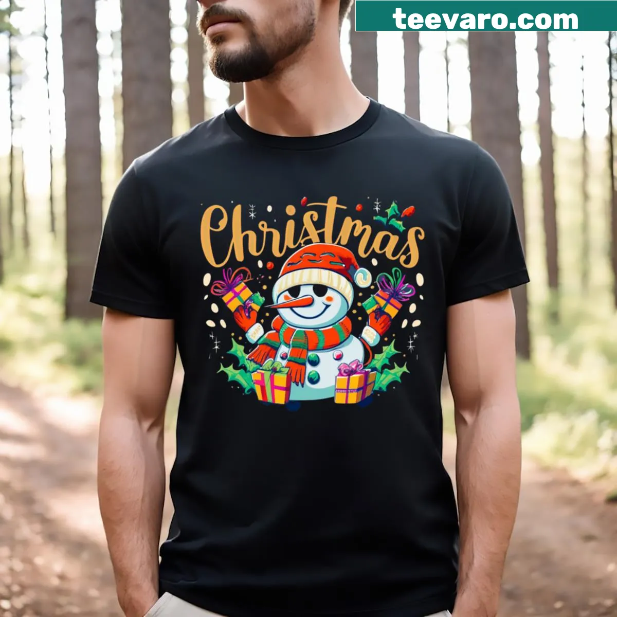 Cute Christmas T-shirt featuring a snowman and Santa design — on a men's t-shirt