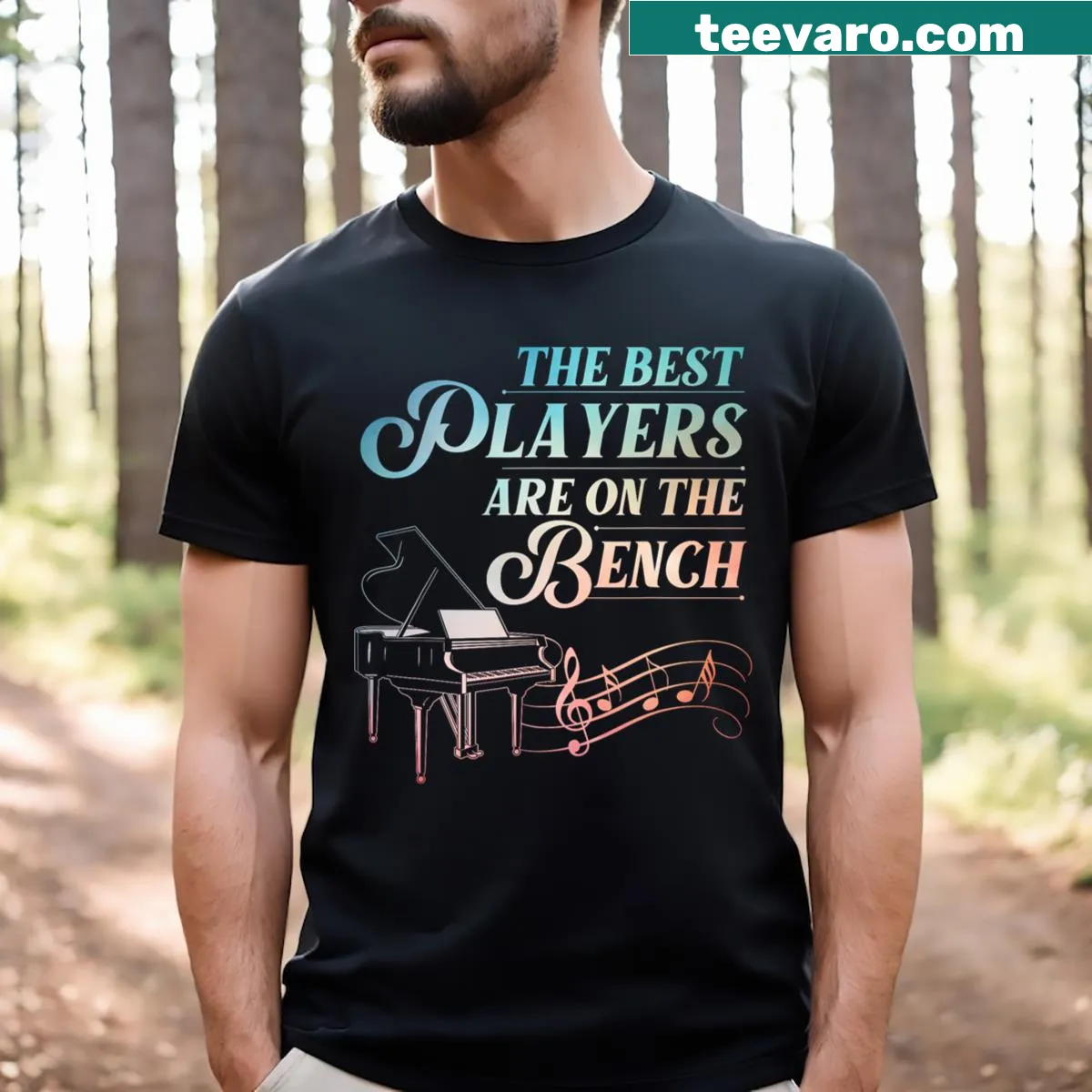 Funny piano-themed T-shirt with humorous musical art. — on a men's t-shirt