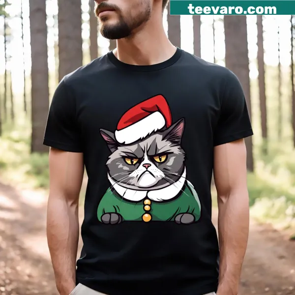 Grumpy cat illustration with Christmas elements on a t-shirt