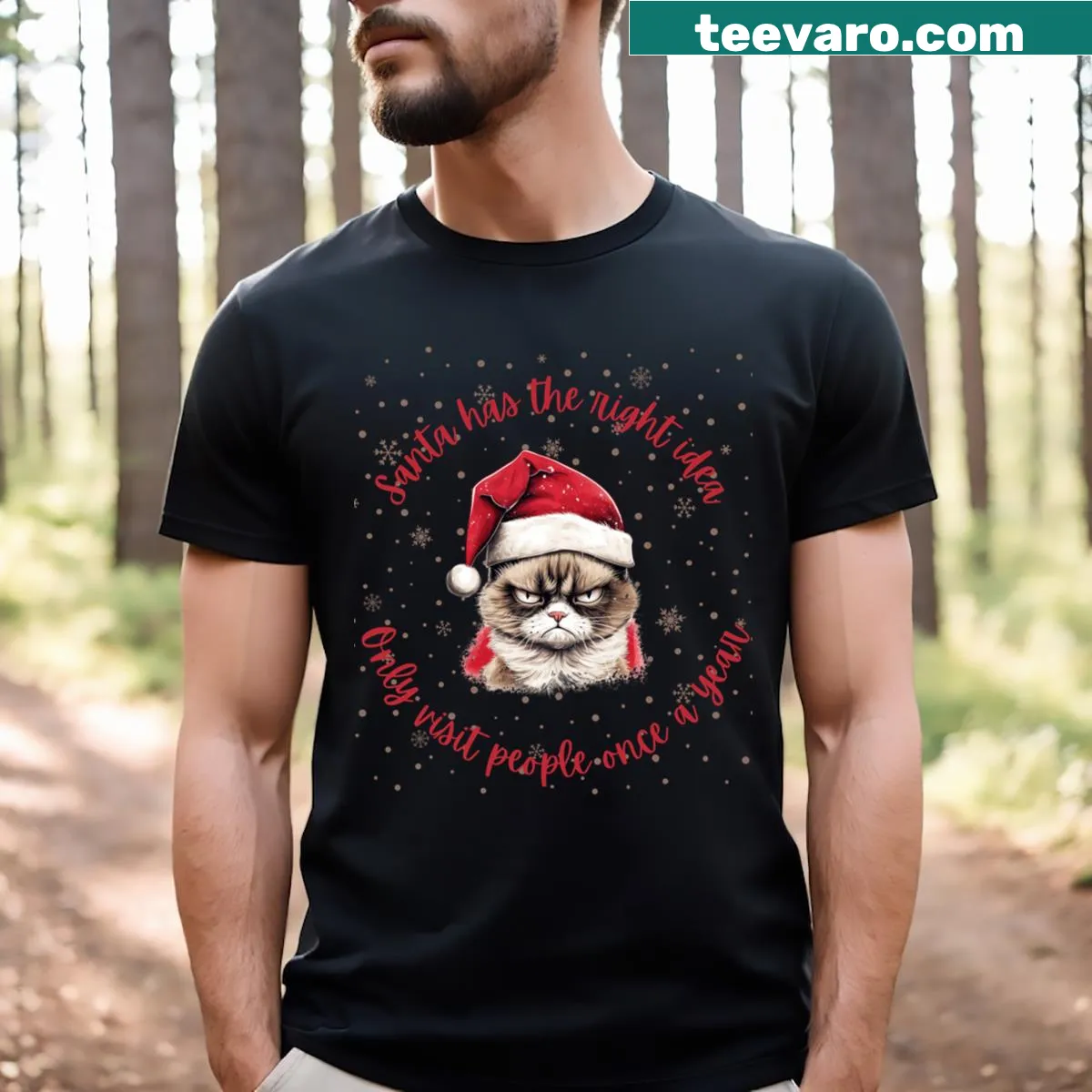 Grumpy cat dressed as Santa on a Christmas t-shirt — on a men's t-shirt