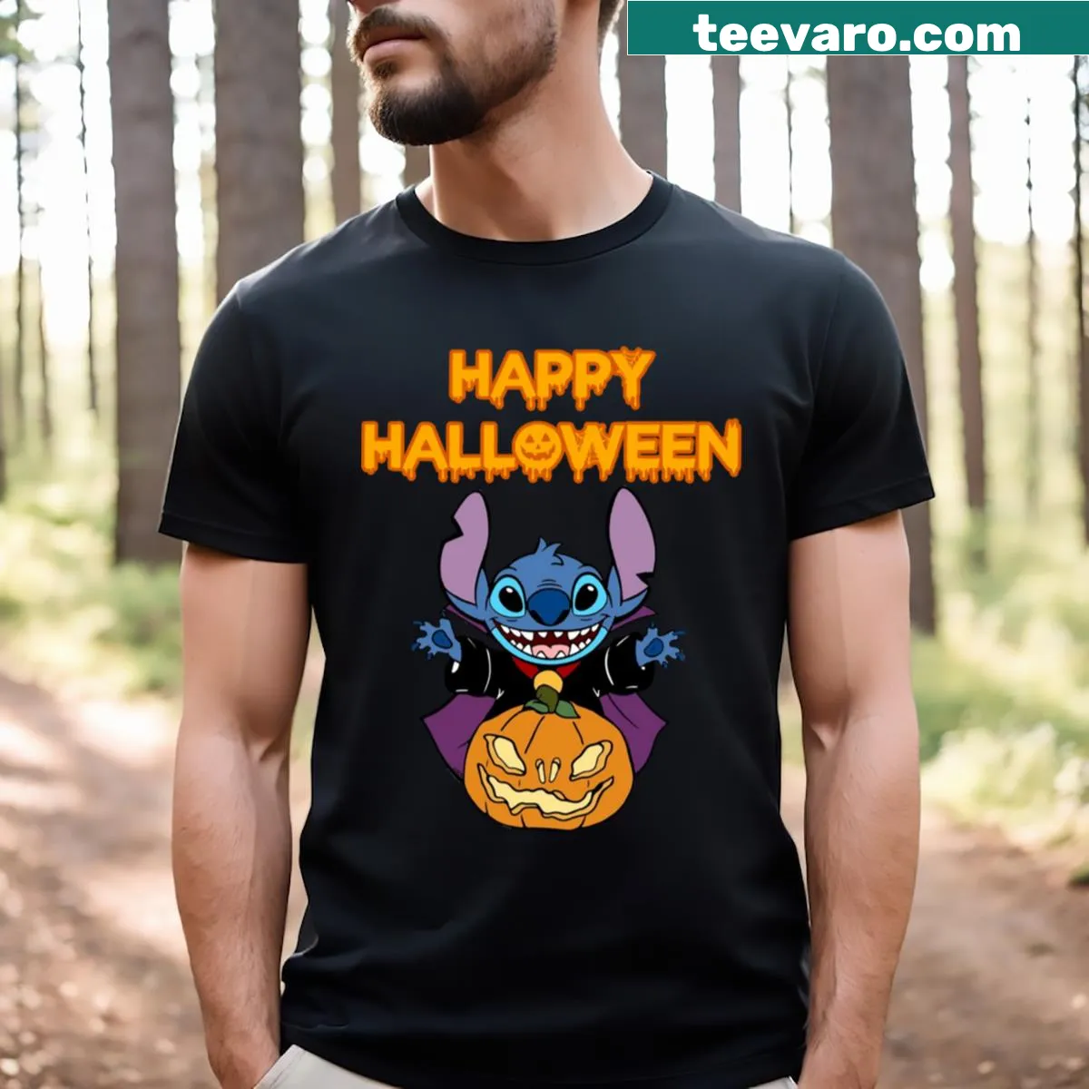 Cartoon design featuring Stitch and Angel from Lilo & Stitch for Halloween. — on a men's t-shirt