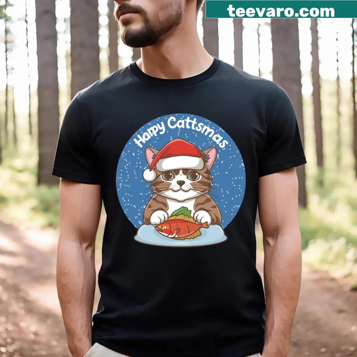 Happy cat eating fish on a Christmas-themed t-shirt — on a men's t-shirt
